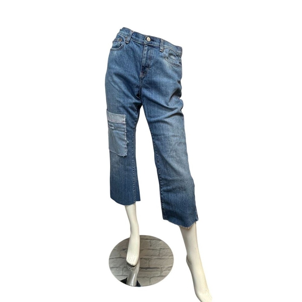 Polo Ralph Lauren Cropped Jeans Women 10 Blue‎ Excellent Patch Design Raw Hem